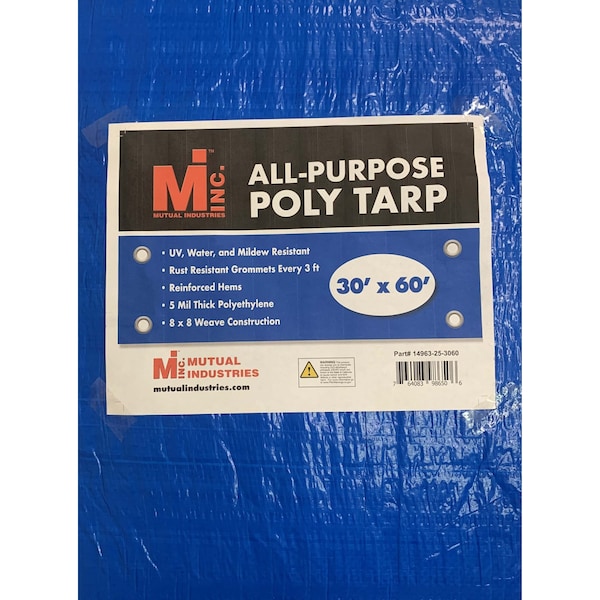 Tarp, 30 ft x 60 ft, 5 Mil, Blue, UV Resistant, Mildew Resistant
